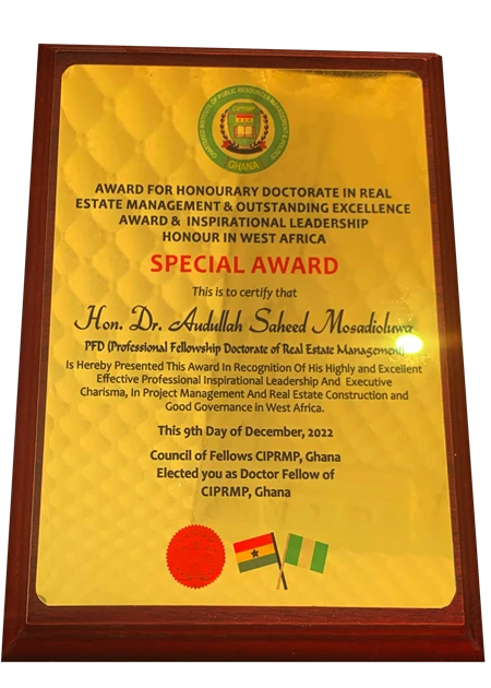 Hon. (Dr) Audullahi Saheed Mosadoluwa MD/CEO of Harmony Garden & Estate Development Limited
